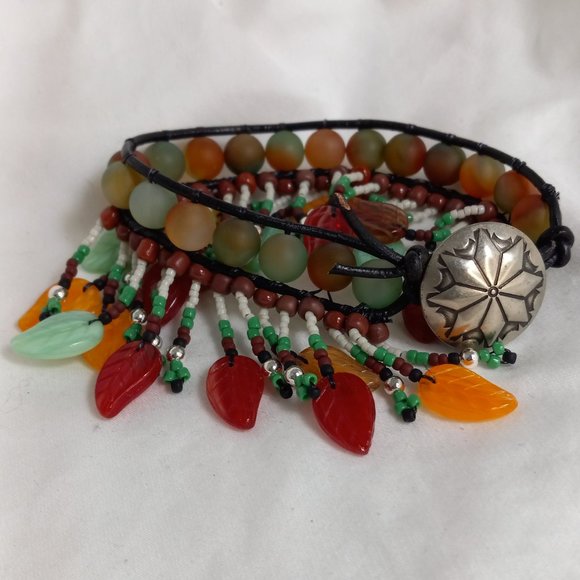 Woven Bracelet with Green and Orange Agate, Leaves on Fringe, Silver Button - Picture 5 of 8